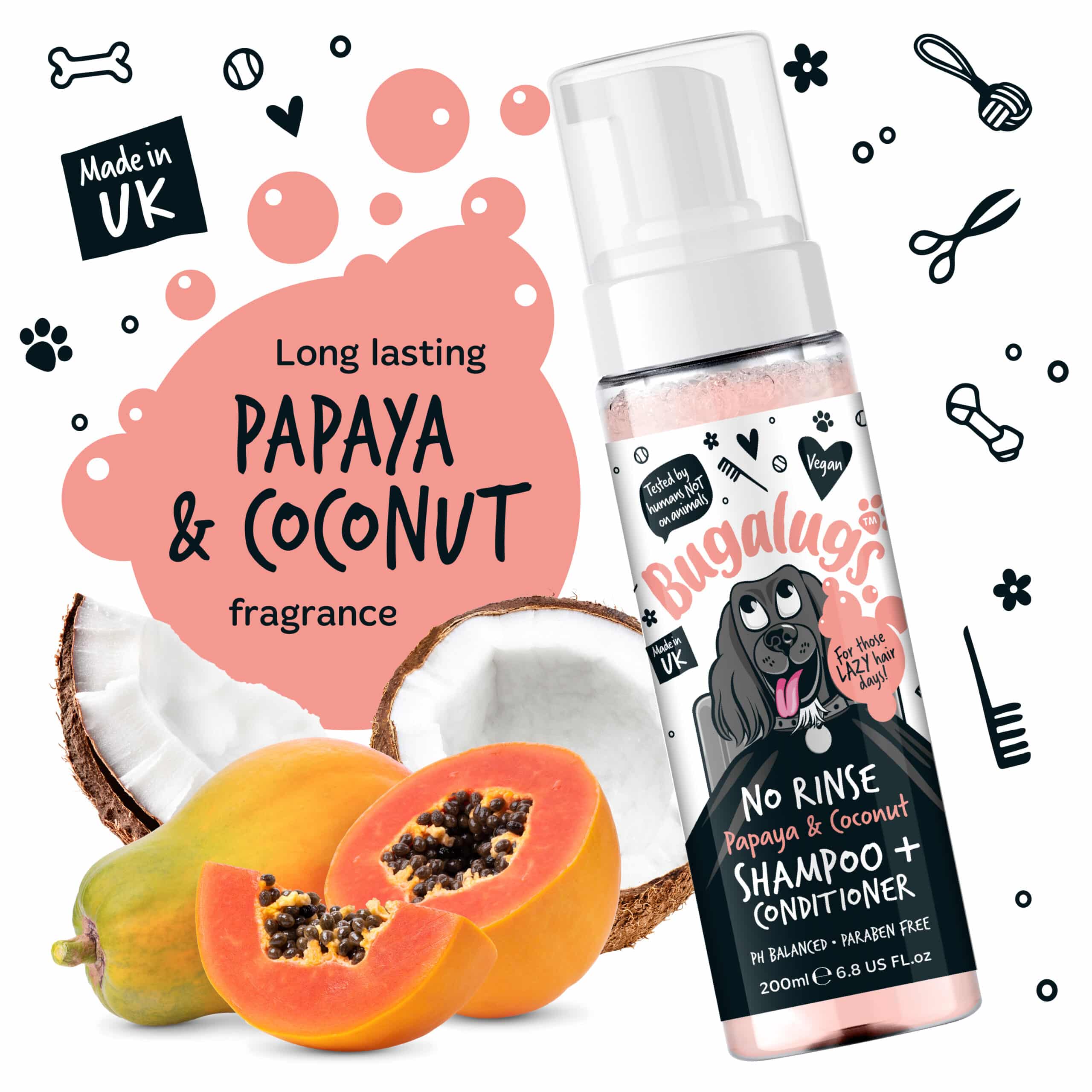 Bugalugs bezoplachový šampón a kondicionér pre psov – Papája a Kokos 200 ml - No Rinse Papaya Coconut Shampoo 200ml 2 BSNR2N1200 scaled Bugalugs bezoplachový šampón a kondicionér pre psov – Papája a Kokos 200 ml – Obrázok 3